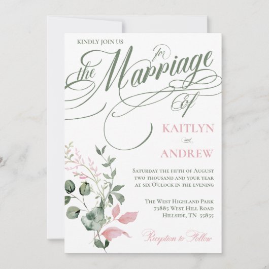 Roze en Wijze Bloemen Elegante Script Trouwen Kaart (Voorkant)