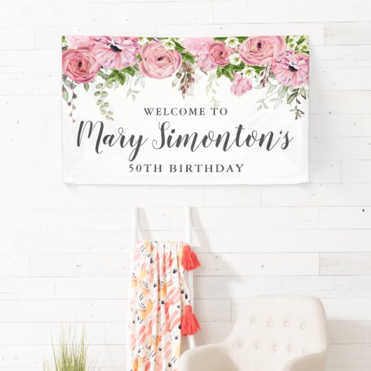 Roze en Wit Bloemen 50ste Verjaardagsfeestje Welko Spandoek (Insitu)