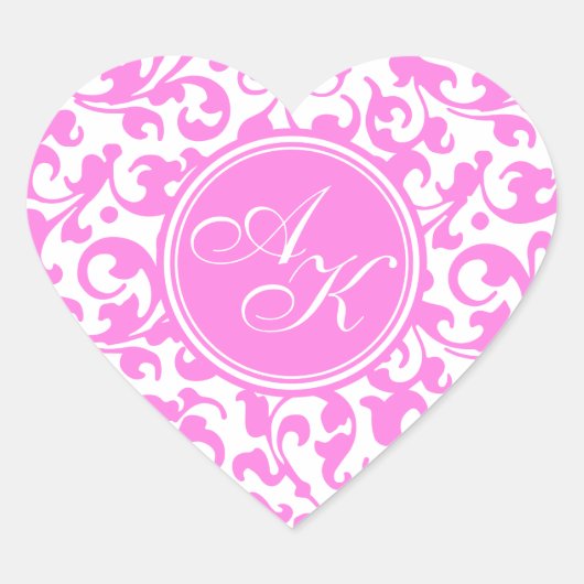  Roze en Wit Damast Monogram Hart Sticker (Voorkant)