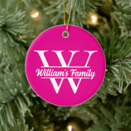 Roze en wit | Eenvoudig familienaam monogram Keramisch Ornament