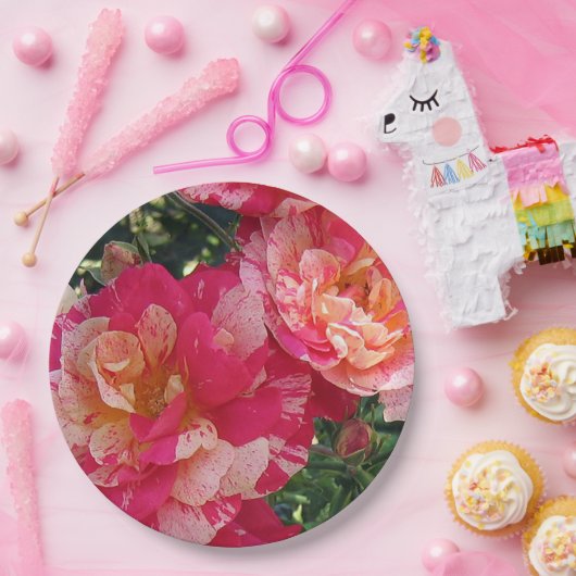 Roze en wit Gestreepte Rozen Bloemenkunst Papieren Bordje (Feest)