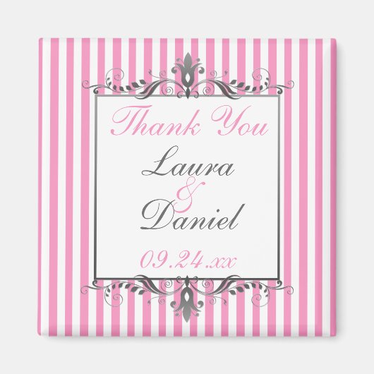 Roze en wit gestreepte trouwgunst magneet (Voorkant)