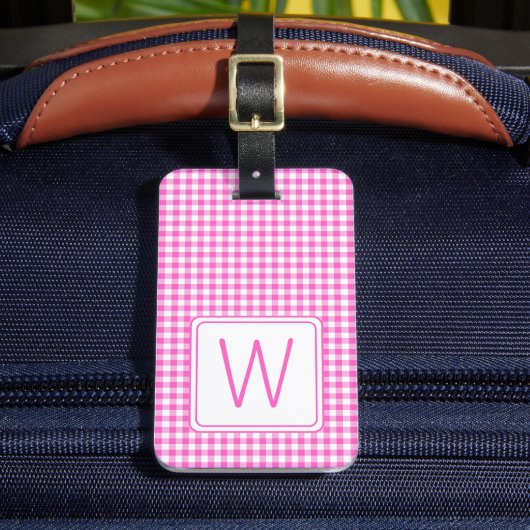 Roze en Wit Gingham Plaid Monogram Bagagelabel (Voorkant Insitu 2)