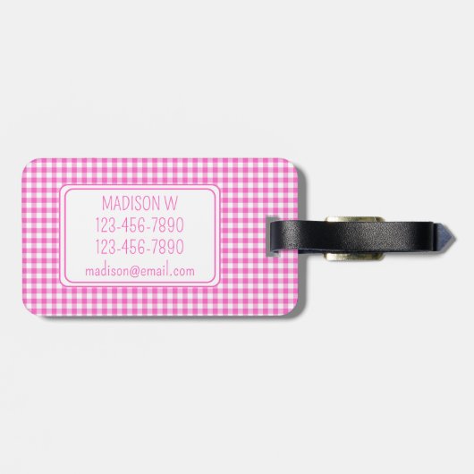 Roze en Wit Gingham Plaid Monogram Bagagelabel (Achterkant horizontaal)