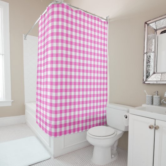 Roze en Wit Gingham Plaid Monogram Douchegordijn (In situ)