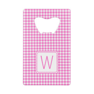 Roze en Wit Gingham Plaid Monogram Kredietkaart Flessenopener