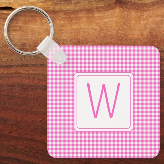 Roze en Wit Gingham Plaid Monogram Sleutelhanger (Voorkant)