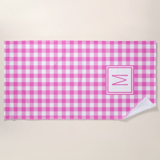 Roze en Wit Gingham Plaid Monogram Strandlaken (Voorkant)
