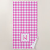 Roze en Wit Gingham Plaid Monogram Strandlaken (Voorkant)