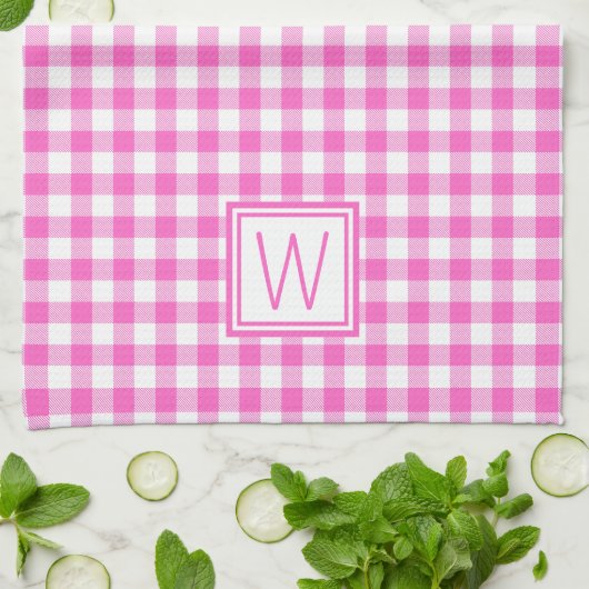 Roze en Wit Gingham Plaid Monogram Theedoek (Gevouwen)