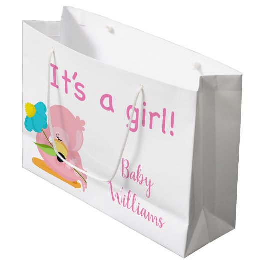 Roze en wit Het is een meisje Flamingo Groot Cadeauzakje (Voorkant Gekanteld)