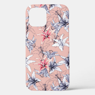 Roze en wit Lillies patroon iPhone 12 Hoesje