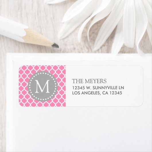 Roze en Wit Marokkaans Patroon met Monogram Etiket (Insitu)