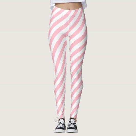 Roze en Wit Medium Size Diagonale Stripes Leggings (Voorkant)