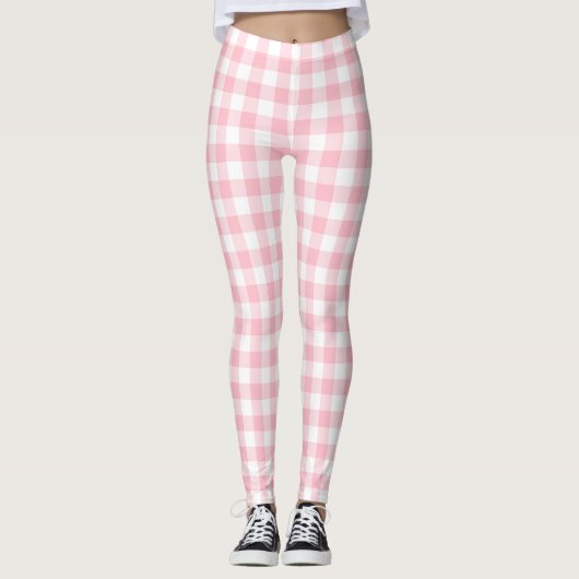 Roze en Wit Medium Size Gingham Checks Leggings (Voorkant)