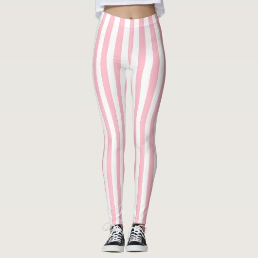 Roze en Wit Medium Size Verticale Stripes Leggings (Voorkant)