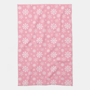 Roze en wit patroon van wintersneeuwvlokken theedoek