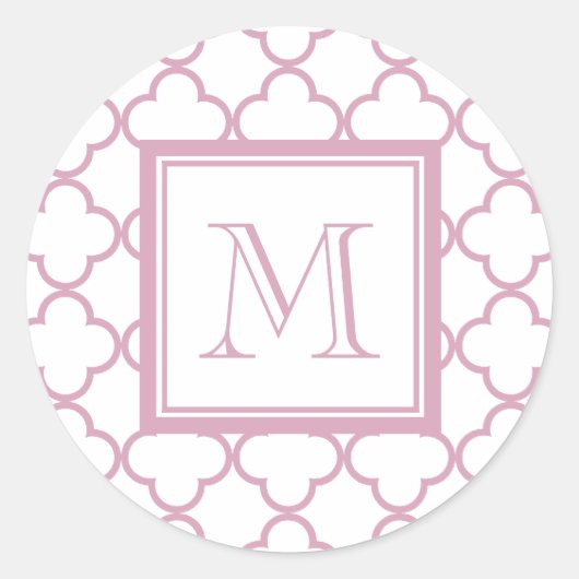 Roze en Wit Quatrefoil | Uw monogram Ronde Sticker (Voorkant)