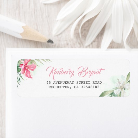 Roze en Wit Tropische Strandbloemen Etiket (Insitu)