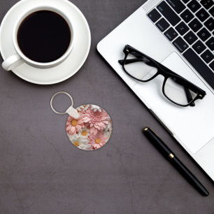 Roze en witte 3D daisy bloem Sleutelhanger