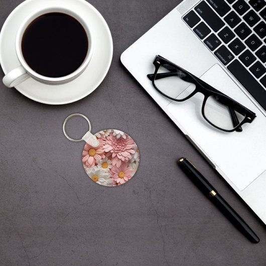 Roze en witte 3D daisy bloem Sleutelhanger