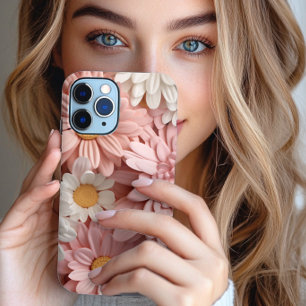 Roze en witte 3D madeliefjesbloem Case-Mate iPhone 14 Hoesje