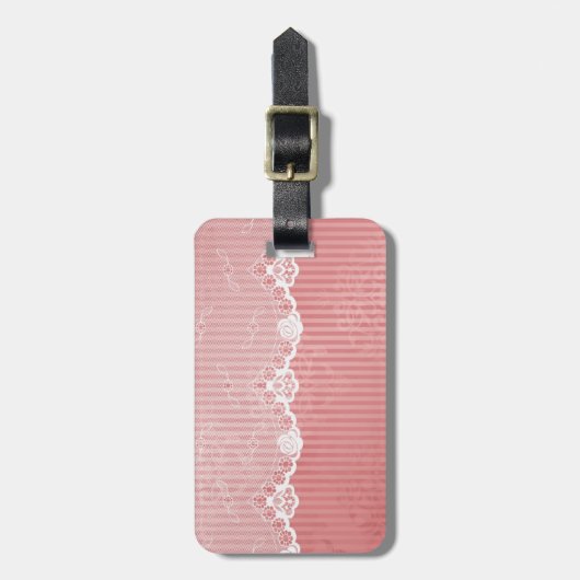 Roze en witte achtergrond met zwarte kant bagagelabel (Voorkant verticaal)