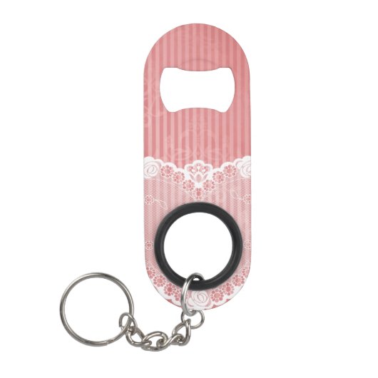 Roze en witte achtergrond met zwarte kant mini flessenopener (Voorkant)