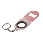 Roze en witte achtergrond met zwarte kant mini flessenopener (Voorkant Gekanteld)