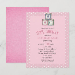 Roze en witte Baby Blokken Uitnodiging van Meisjes
