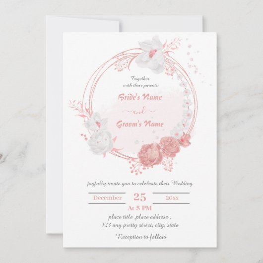 roze en witte bloemen botanische baard bruiloft kaart (Voorkant)