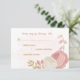 roze en witte bloemen goud botanisch RSVP kaartje