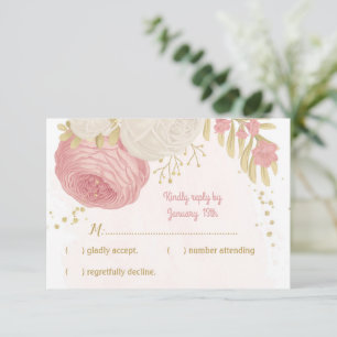 roze en witte bloemen goud botanische rsvp kaartje