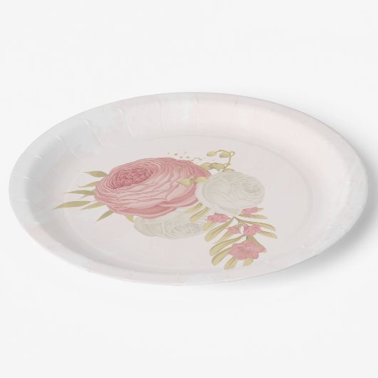 Roze en witte bloemen goud papieren bordje (Gekanteld)