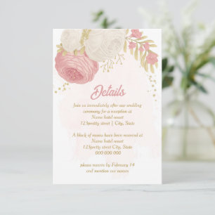 roze en witte bloemen gouden botanische bruiloft informatiekaartje