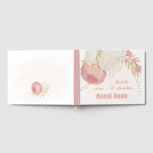 Roze en witte bloemen gouden bruiloft gastenboek (Volledig)