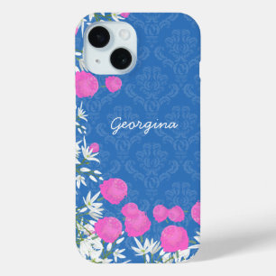 roze en witte bloemen met Damast op blauw