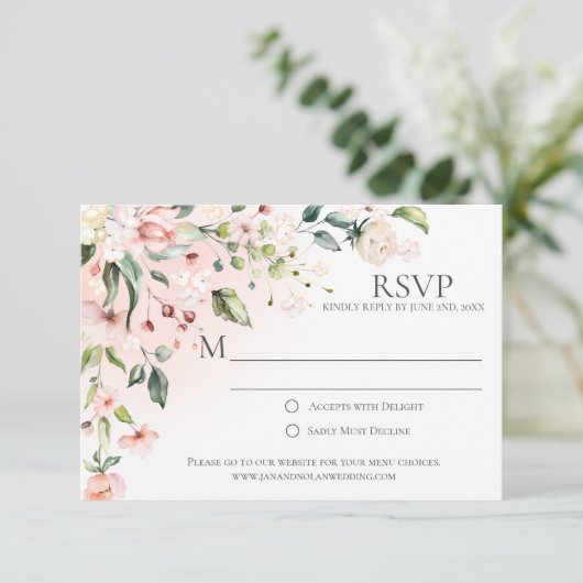Roze en witte bloemen met groen RSVP-kaarten RSVP Kaartje (Staand voorkant)