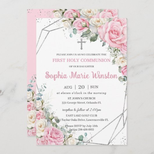 Roze en witte bloemen Zilver Eerste Heilige Commun Kaart (Voorkant / Achterkant)
