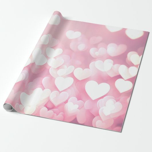 Roze en witte bokeh harten cadeaupapier (Uitgerold)