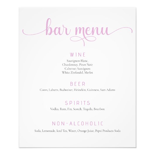 Roze en witte bruiloft Bar Menu Poster (Voorkant)