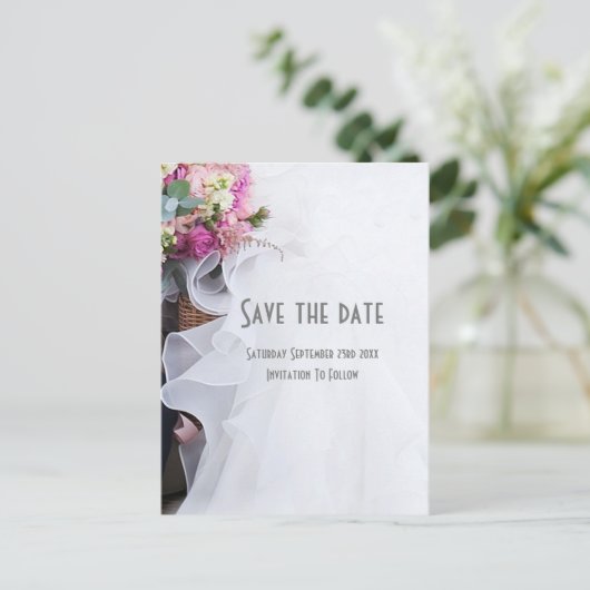 Roze en witte bruine bruiloft met behoud van datum aankondigingskaart (Staand voorkant)