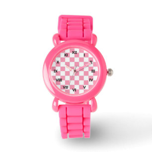 Roze en witte Check Squares Glitter horloge