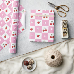 Roze en Witte Chequer Kersen Inpakpapier