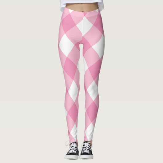 Roze en witte cheques Meisjesvrouw Leggin Leggings (Voorkant)