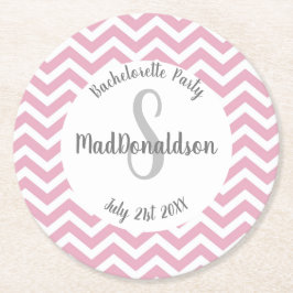 Roze en witte chevron monogram feest ronde kartonnen onderzetter