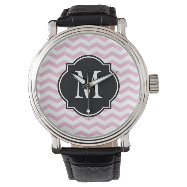 Roze en witte Chevron Pattern Horloge (Voorkant)