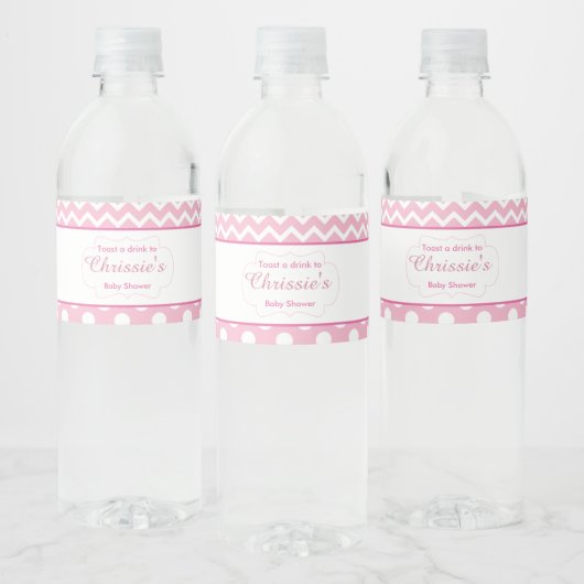 Roze en witte Chevron & Polka Dot Baby Waterfles Etiket (Flessen)
