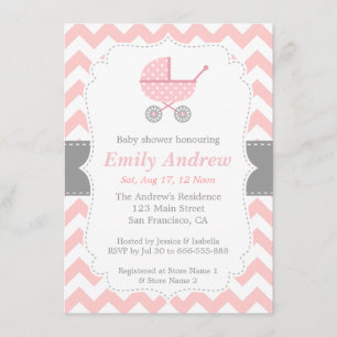 Roze en witte Chevron, Stroller, Baby Girl Shower Kaart