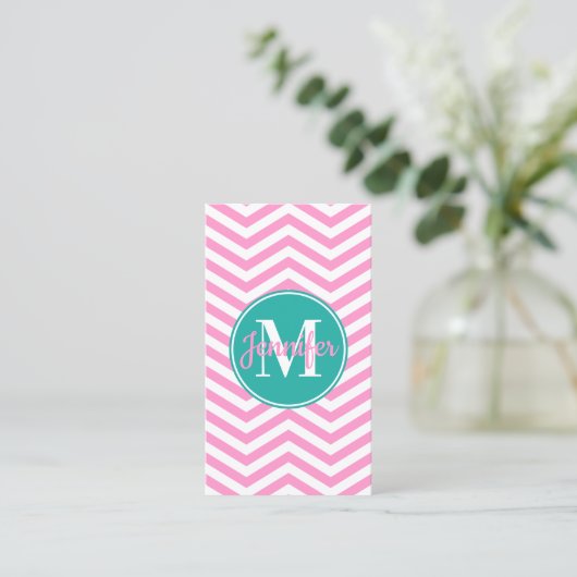 Roze en witte Chevron Turquoise Monogram Visitekaartje (Staand voorkant)